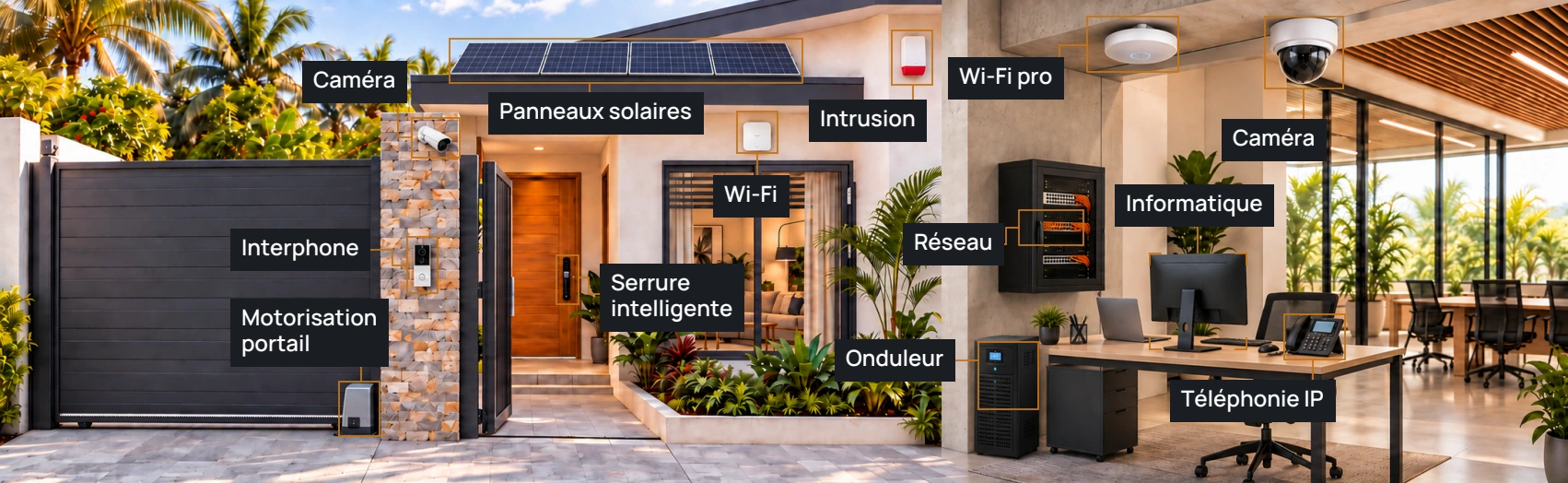 Panorama légendé ADREATIC. Maison : caméra, interphone, motorisation de portail, serrure intelligente, Wi-Fi, intrusion et panneaux solaires. Bureau : Wi-Fi professionnel, caméra, réseau, informatique, téléphonie IP et onduleur.