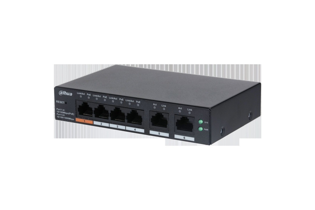 Switch administrable Cloud, 4 ports PoE 10/100 Mbit/s + 2 ports Gigabit, budget PoE 60 W — Dahua DH-CS4006-4ET-60